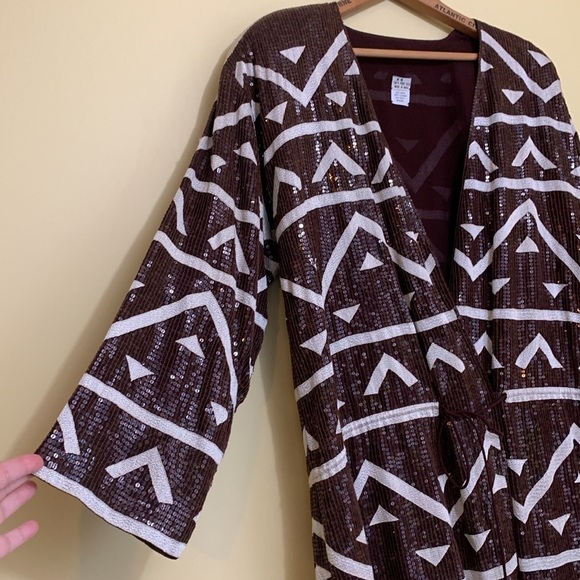 Vintage Fully Sequined Silk Brown White Aztec Design Surplice Tunic Dress XS - Picture 3 of 17